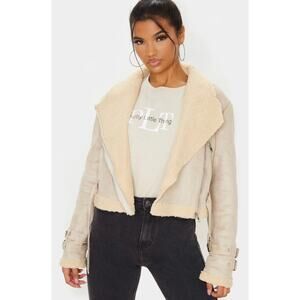 Pretty Little Thing Beige Cropped Aviator Jacket Women’s Size 8